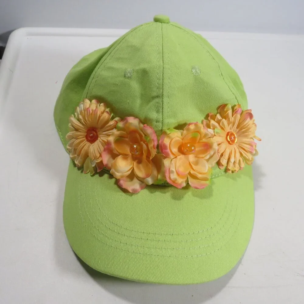 Lime green hat baseball cap with Peachy Orange silk flowers